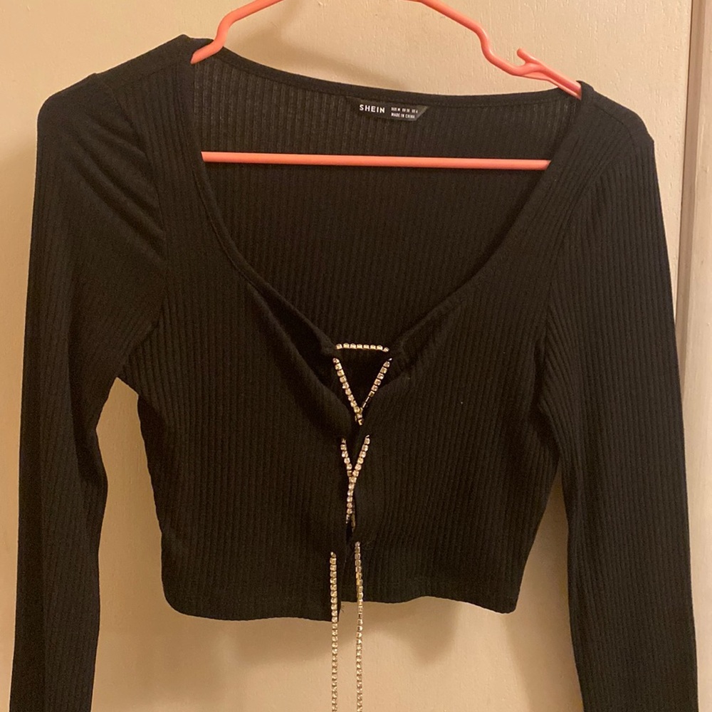 Shein sxy rhinestone lace up front crop top